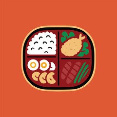 Bento Box Illustration with Rice, Tempura, and Side Dishes