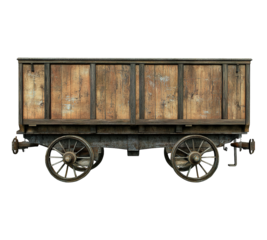 A wooden wagon with rusted metal wheels