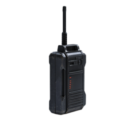 A black device with a red button on the front