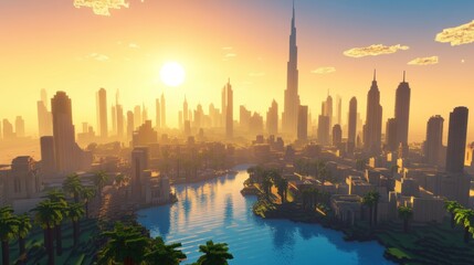 Fototapeta premium Dubai has a cool 3D look. The city center has fancy, tall buildings and a beautiful sunrise. It's in the United Arab Emirates. 