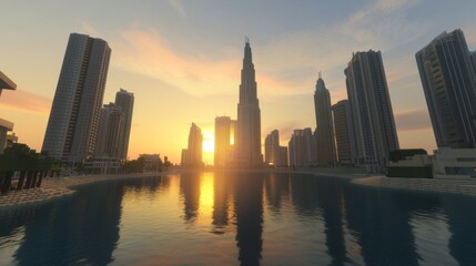 Fototapeta premium Dubai has a cool 3D look. The city center has fancy, tall buildings and a beautiful sunrise. It's in the United Arab Emirates. 