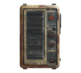 An old radio with a black and red dial sits on a white background