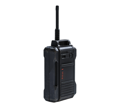 A black device with a red button on the front