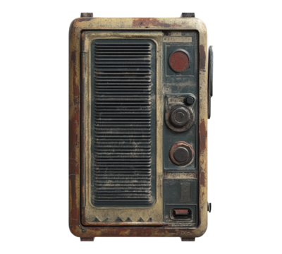 An old radio with a black and red dial sits on a white background