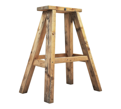 A wooden stool with a triangular shape