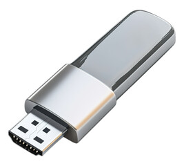A silver USB flash drive with a white plastic case