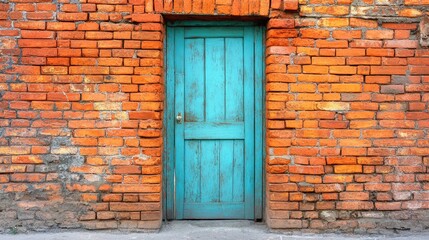 Teal door in aged brick wall