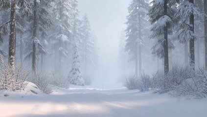 3D render of a winter forest background with a snow-covered path, fog, and trees. Winter landscape.