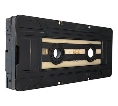 A black cassette tape with a white stripe
