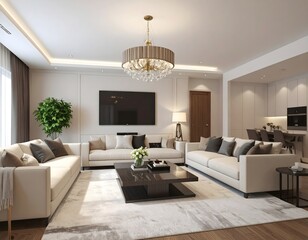 Elegant Living Room Interior Design: Modern Luxury Apartment with Beige Sofa, Crystal Chandelier, and Minimalist Decor