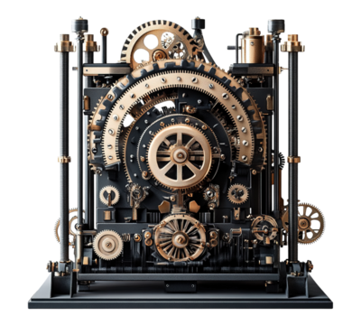 A clock with many gears and a gold and black color scheme