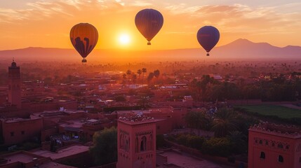 In Marrakech, Morocco, hot air balloons float over the desert as the sun comes up on April 23, 2025. It's a calm and free scene with beautiful views.

