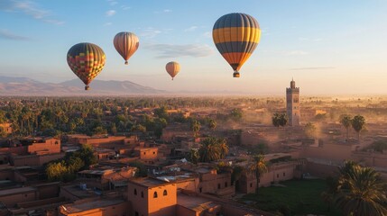 In Morocco, hot air balloons fly over the desert near Marrakech as the sun rises on April 23, 2025. It's a calm, free, and beautiful view of nature.
