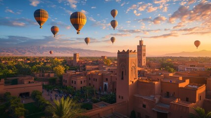 In Morocco, hot air balloons fly over the desert near Marrakech as the sun rises on April 23, 2025. It's a calm, free, and beautiful view of nature.
