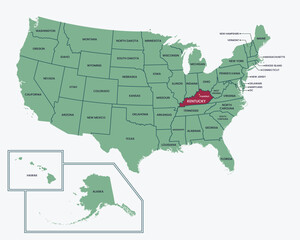 Fototapeta premium Map of USA, Highlighted at Kentucky State, with State border and capital