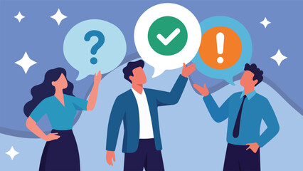Vector illustration of three business people discussing ideas, with speech bubbles showing a question mark, checkmark, and exclamation point, representing teamwork, decision-making, and communication.