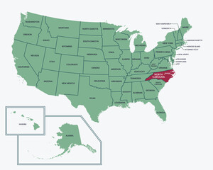 Obraz premium Map of USA, Highlighted at North Carolina State, with State border and capital