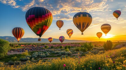 Obraz premium On April 23, 2025, hot air balloons will fly over the desert near Marrakech, Morocco as the sun rises. It's a calm and free trip with amazing views of nature. 