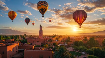 On April 23, 2025, hot air balloons will fly over the desert near Marrakech, Morocco as the sun comes up. It's a beautiful and free scene in nature with amazing views.
