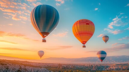 Obraz premium On April 23, 2025, hot air balloons will fly over the desert near Marrakech, Morocco as the sun rises. It's a calm and free adventure with beautiful views. 