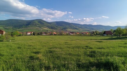 Fototapeta premium Romania's countryside looks amazing! It's a sunny afternoon in the mountains during springtime. The green fields and hills make a beautiful, peaceful scene. 