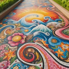 Sidewalks adorned with colorful mosaics creating