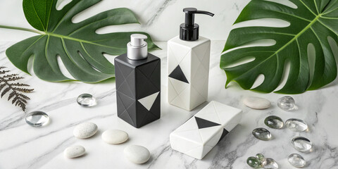 Modern minimalist mockup with geometric-shaped cosmetic containers in monochrome colors, accented with monstera leaves and glass pebbles on a white marble surface.