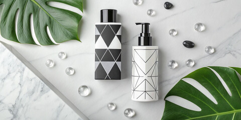 Modern minimalist mockup with geometric-shaped cosmetic containers in monochrome colors, accented with monstera leaves and glass pebbles on a white marble surface.