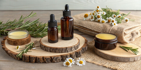 Rustic beauty product mockup with dark amber bottles, beeswax balms, and herbal oils, placed on wooden boards with sprigs of rosemary, chamomile flowers, and burlap fabric.