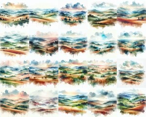 Rolling hills landscape. Double exposure watercolor . Watercolor style. AI generated illustration