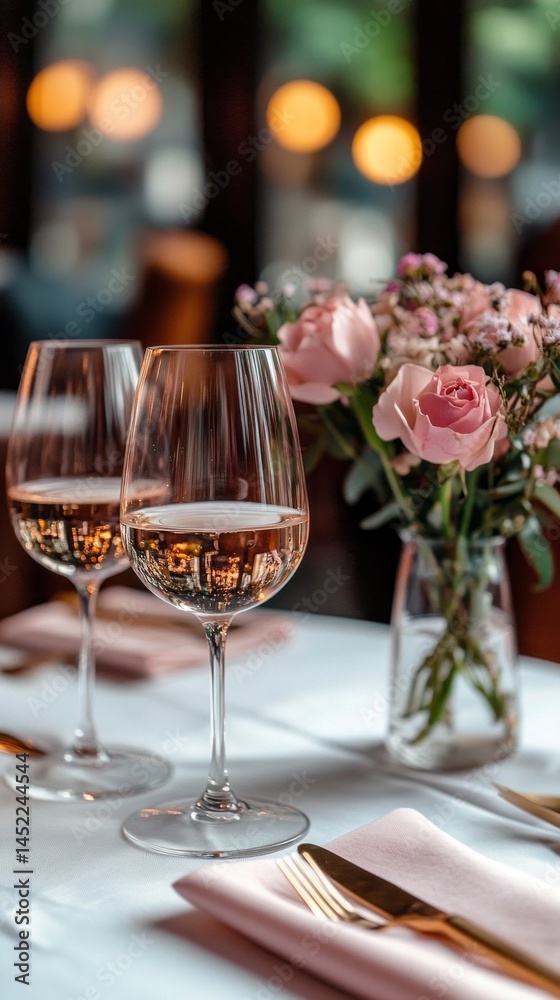 Poster this table setting showcases a minimalist design with soft linen, golden accents, and elegant wine g