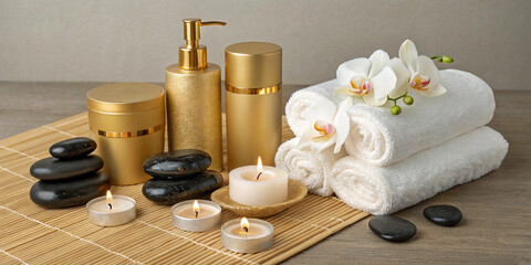 Luxury spa mockup with gold-foiled cosmetic containers, white towels, aromatic candles, orchid flowers, and smooth black stones arranged neatly on a bamboo mat.