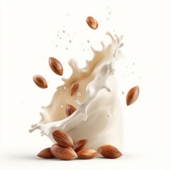Almond Milk Splash: Nutritious Dairy-Free Beverage with Falling Almonds on White Background