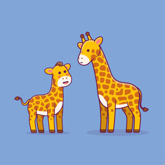 Vector illustration of cute giraffe and giraffe calf in cartoon style.