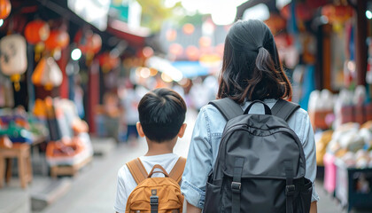 Obraz premium Exploring a bustling street: A mother and her child explore a vibrant street with shops, lamps, and the lively atmosphere. Embracing the joy of discovery.