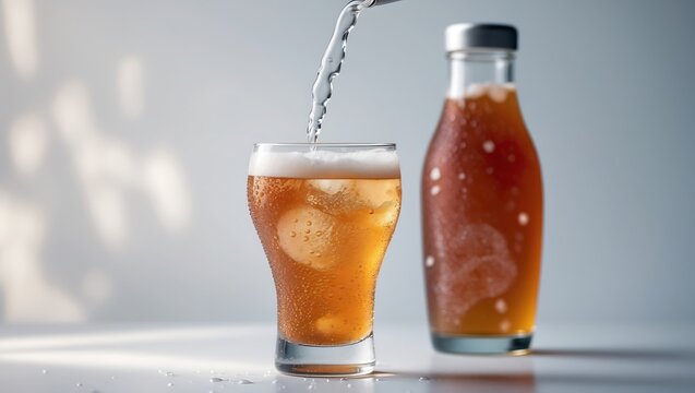 A cold bottle and glass of fizzy, non-alcoholic mate soda with tiny bubbles.