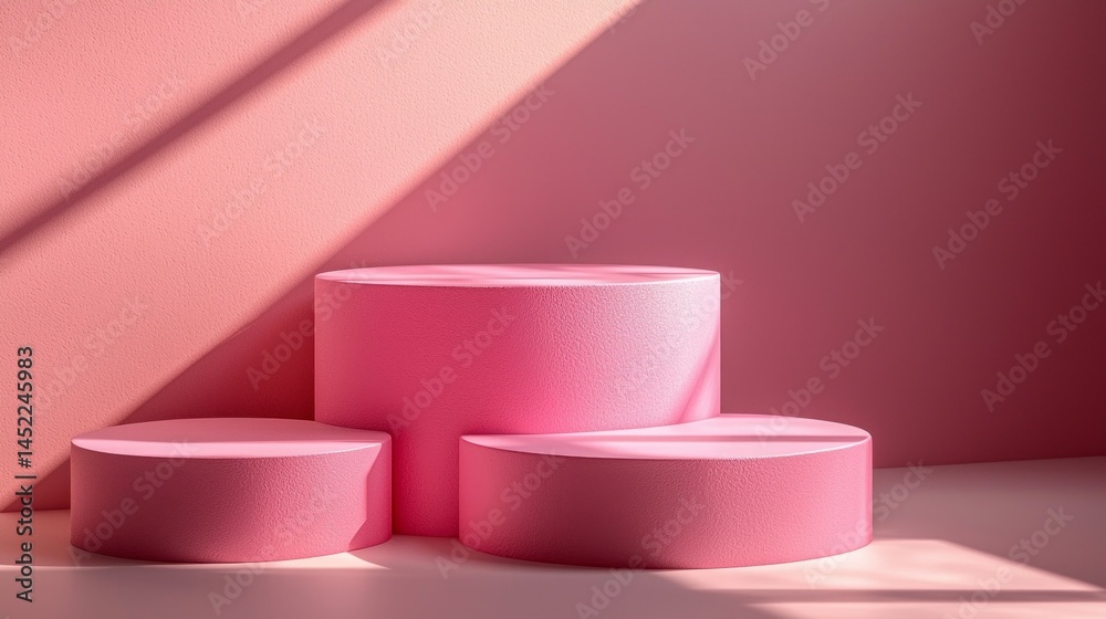 Poster soft pink podiums of varying heights are illuminated by warm, diffused light, creating gentle shadow