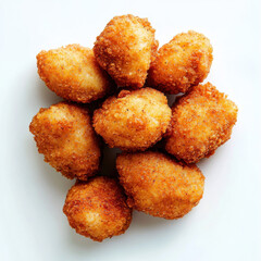 Close-up of fried chicken nuggets with a crispy exterior and tender chicken inside, presented on a white background