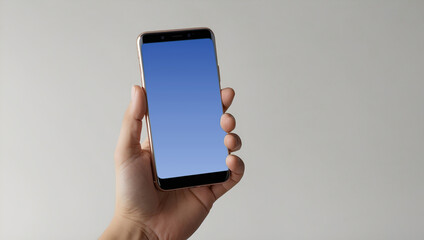 A hand holding a sleek smartphone with a blank screen.