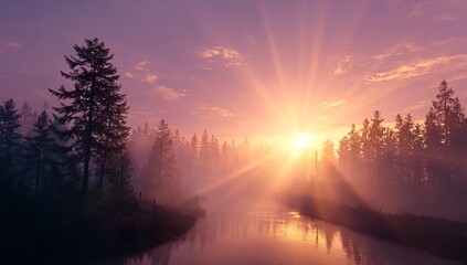 Obraz premium A beautiful sunrise over the forest and river, with a purple and orange sky, a foggy atmosphere,