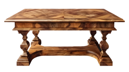 A wooden table with patterned top and ornate carved legs design