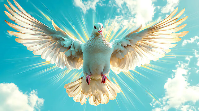 Stunning image of a white dove in flight against a vibrant sky, radiating light.  Perfect for concepts of peace, hope, spirituality, and freedom.