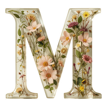 Floral decorative letter m with spring flowers and leaves design isolated on transparent background
