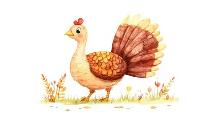 Obraz premium Whimsical Turkey Walking Among Colorful Leaves in Bright Landscape
