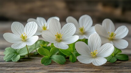 Obraz premium Delicate white flowers bloom on rustic wood