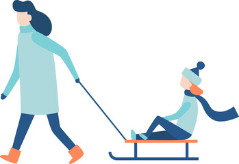 Obraz premium Mother pulling her child on a sled, both bundled in warm winter clothes, enjoying a joyful day in the snow while creating cherished memories outdoors