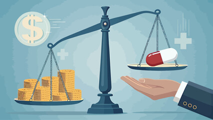 A balanced scale comparing money and medicine symbolizes healthcare costs.