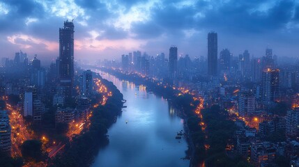 Aerial view of city skyline at dawn over river