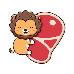Cute Lion Hug Meat Mascot Animal Character Icon Illustration. Flat Cartoon Style Suitable for Web Landing Page, Banner, Sticker, Card