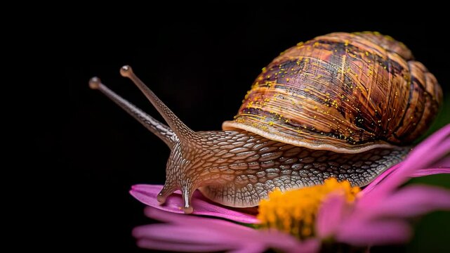 Close up of snail with detailed shell crawling vibrant pink flower against dark background, showcasing natures beauty with textured shell and vibrant